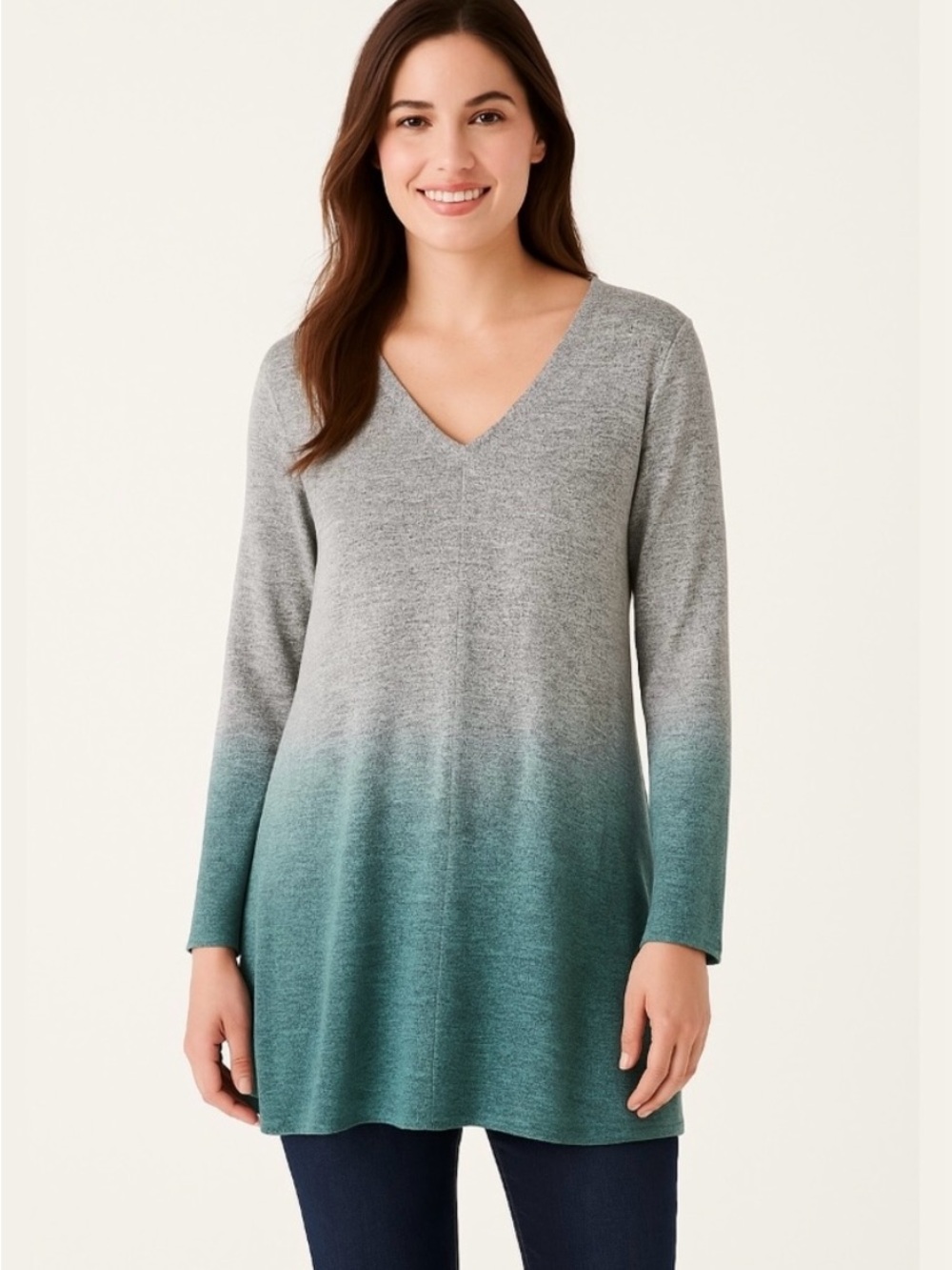 SONOMA Ombre V-Neck Tunic Sweater Heather Gray & Glacier Green Size Large